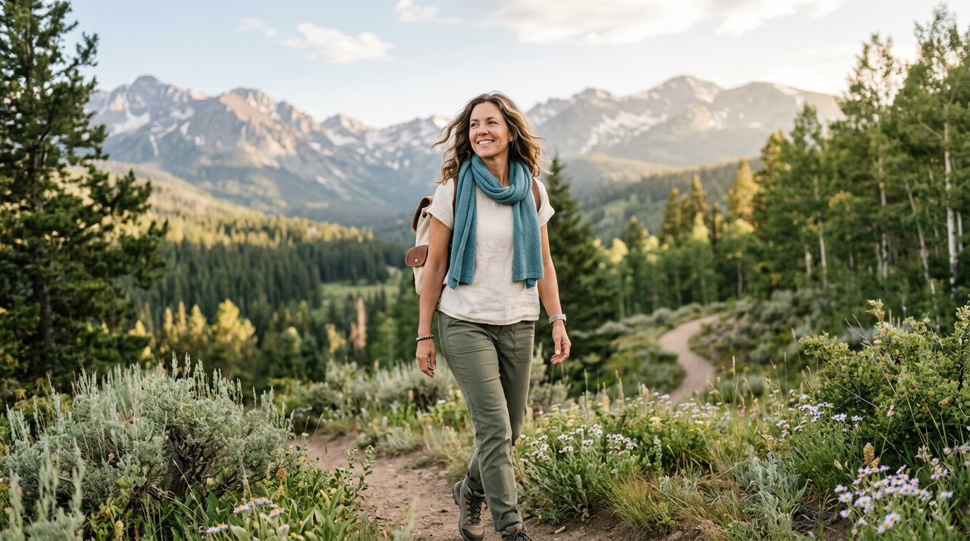 Confident midlife woman hiking in the Colorado mountains, representing feminine wellness and vitality with O-Shot® treatment in Fort Collins
