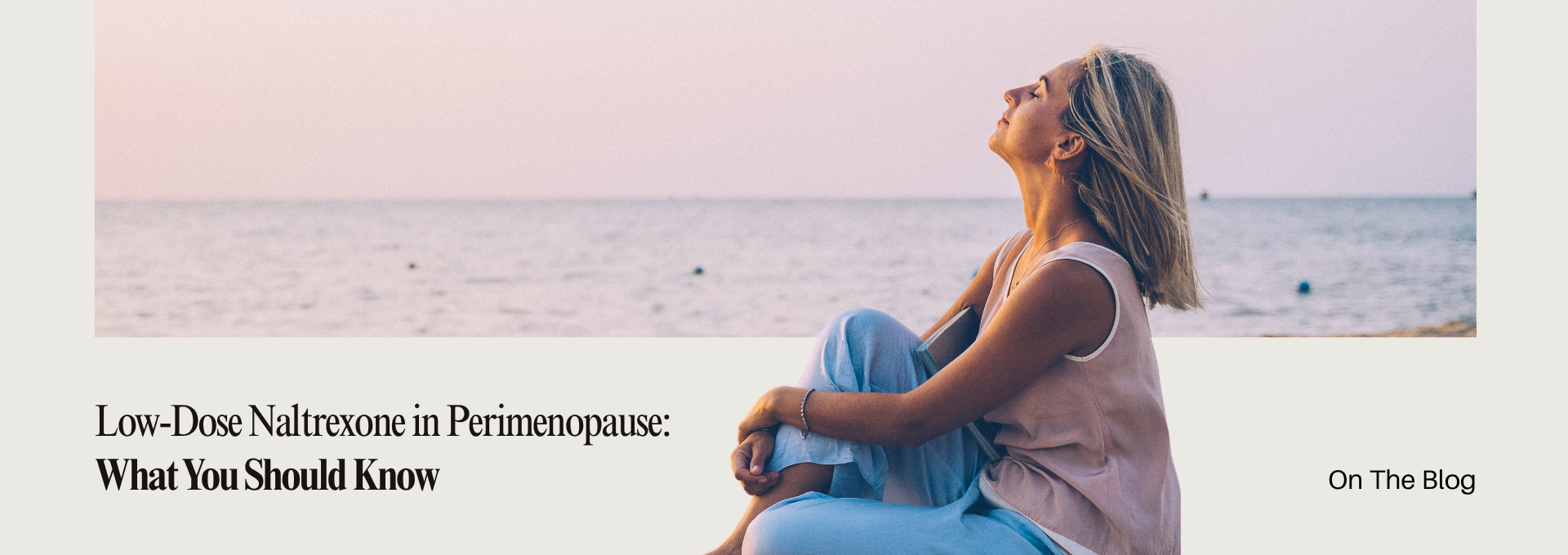 Woman in her 40s or 50s smiling confidently, representing perimenopause and healthy aging, with text highlighting low-dose naltrexone (LDN) as a potential option for managing symptoms through a functional medicine approach.